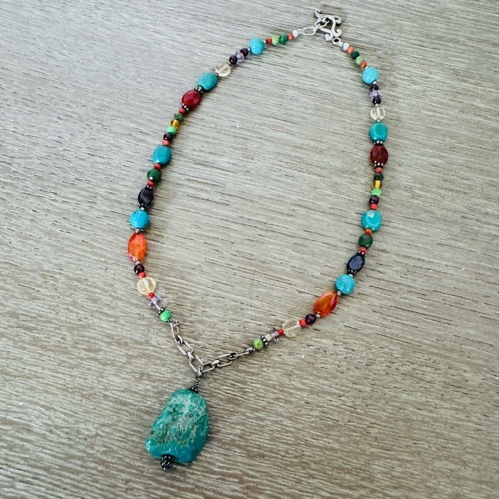 Barse 925 Silver Turquoise Stone Pendant Multicolor Boho Beaded Necklace